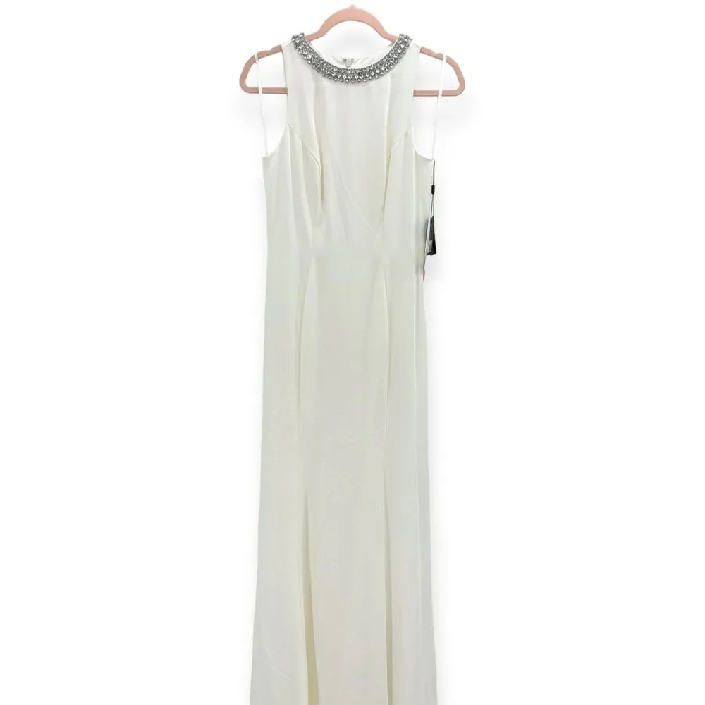 Mac Duggal Ieena NEW White Embellished Neck Sleeveless Crepe Trumpet Gown Size 2